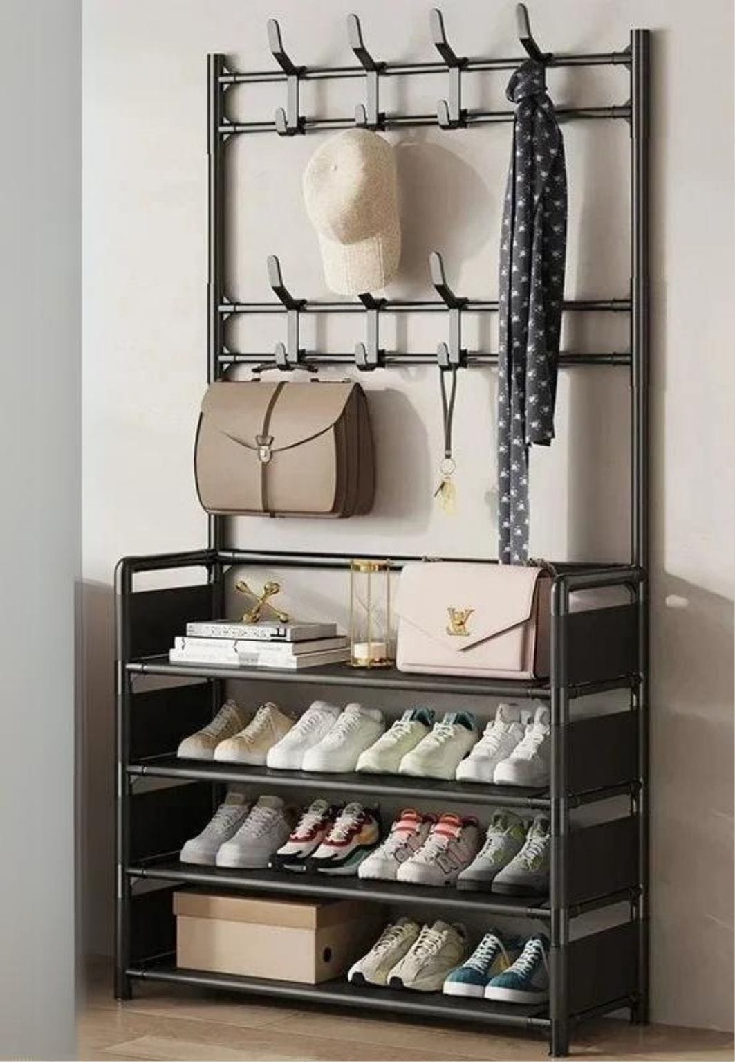 Meuble porte manteau chaussure 4 étagères creuses Noir| Le Porte Manteau 4 Layers-Black B