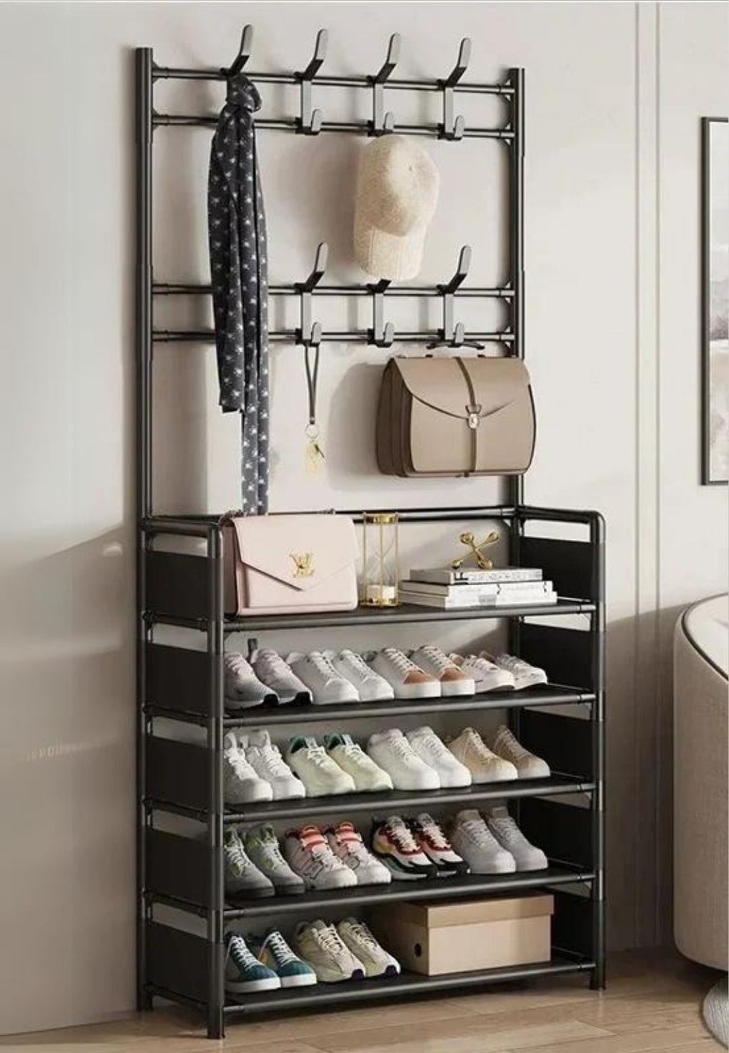 Meuble porte manteau chaussure 5 étagères creuses Noir| Le Porte Manteau 5 Layers-Black B