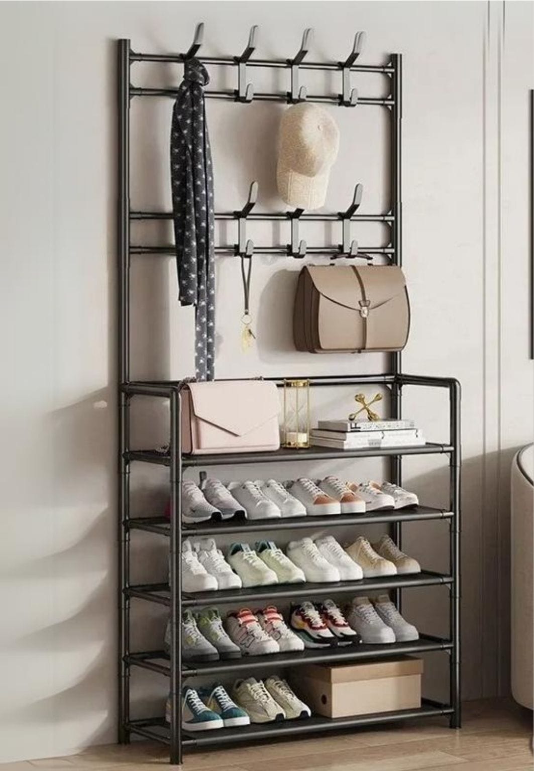 Meuble porte manteau chaussure 5 étagères pleines Noir| Le Porte Manteau 5 Layers-Black