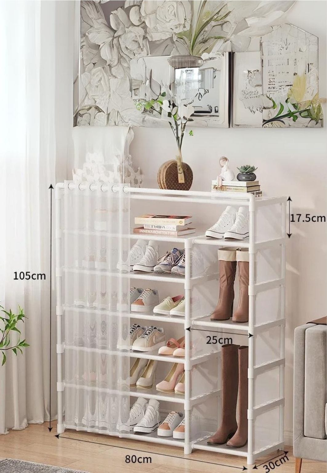 Meuble porte manteau chaussure à cases et rideaux Blanc | Le Porte Manteaiu White 7-layer 80