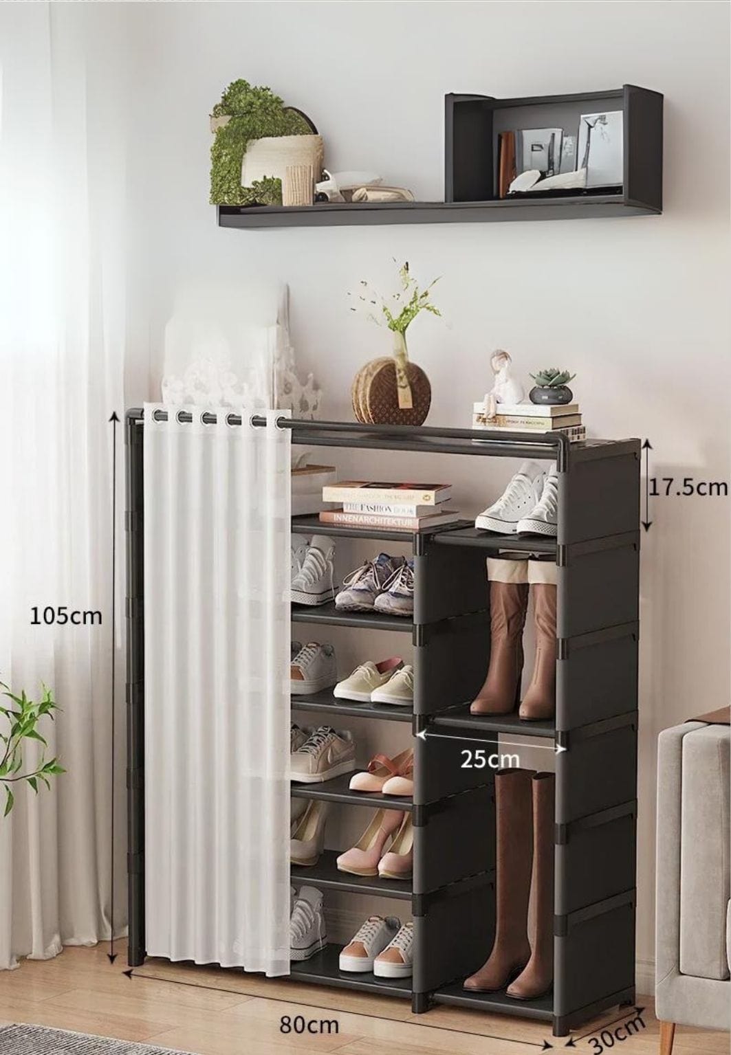 Meuble porte manteau chaussure à cases et rideaux Noir | Le Porte Manteaiu Black 7-layer 80