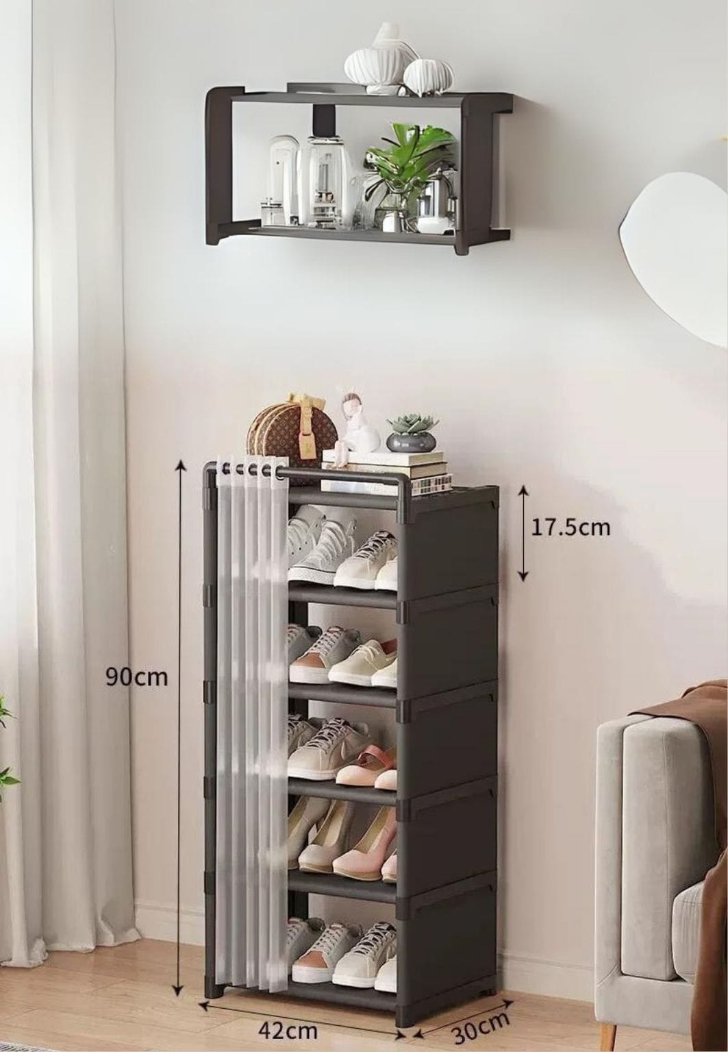 Meuble porte manteau chaussure à rideaux Noir | Le Porte Manteaiu Black 6-layer 42