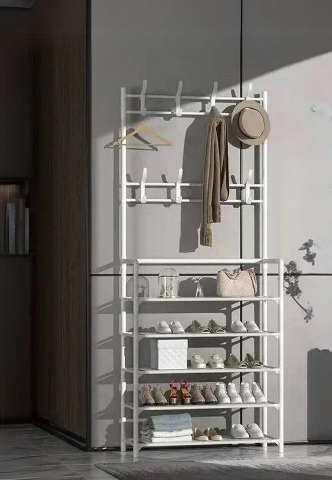 Meuble porte manteau chaussure Chaise Blanc 4 étagères| Le Porte Manteau 4 Layers-White