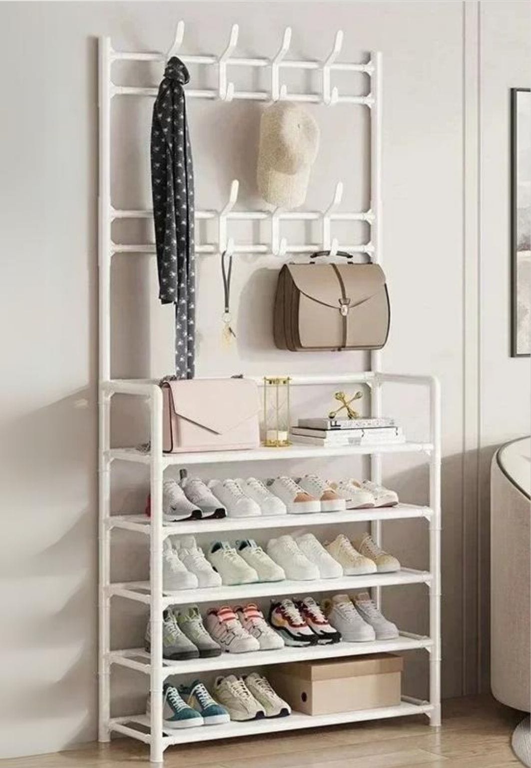Porte-manteau 4 en 1 style ferme avec étagères ouvertes, meuble à chaussures pour vestiaire Porte-manteau 4 en 1 style ferme avec étagères ouvertes, meuble à chaussures pour vestiaire