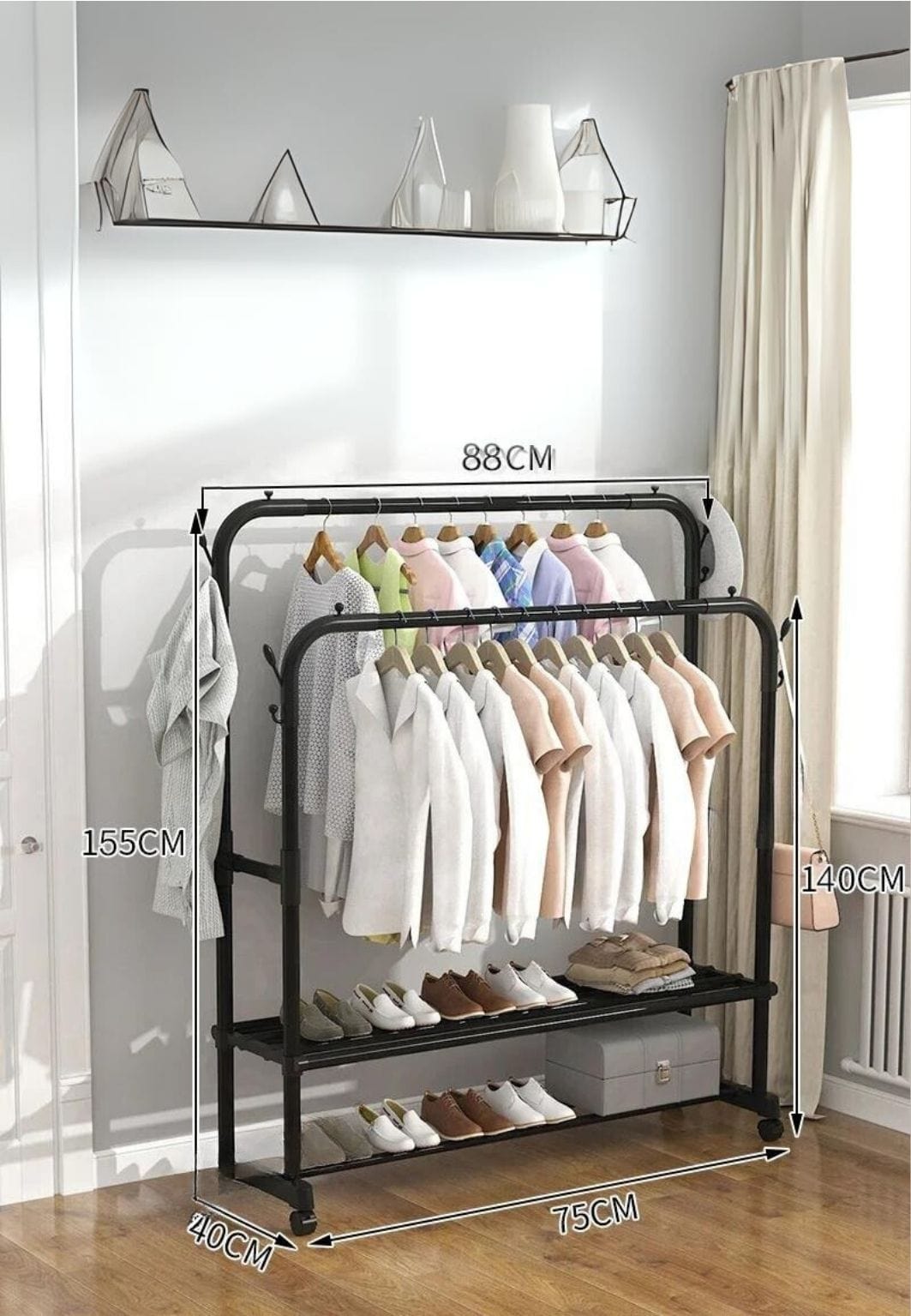 Meuble porte manteau chaussure double tringle double étagère sur roulette | Le Porte Manteau style15 with wheel