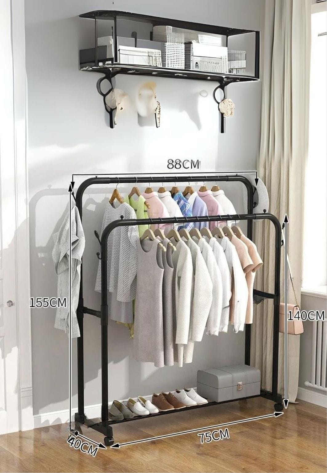 Meuble porte manteau chaussure double tringle unique étagère sur roulette | Le Porte Manteau style13 with wheel