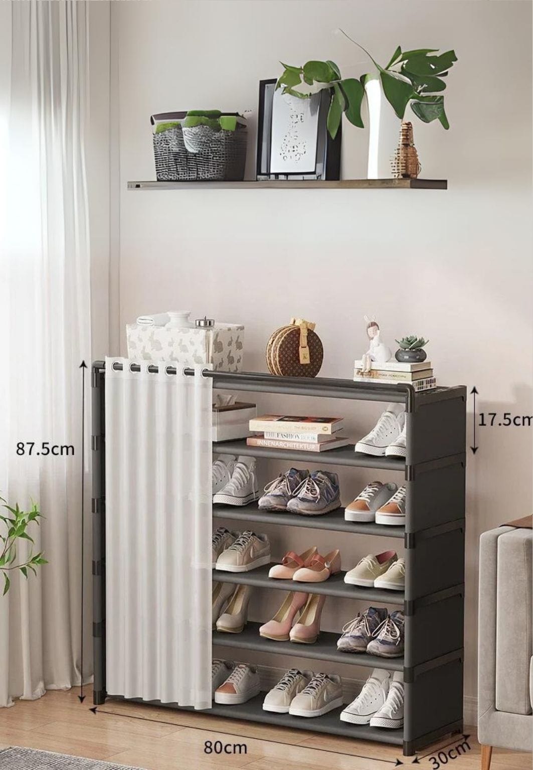 Meuble porte manteau chaussure large à rideaux Noir | Le Porte Manteaiu Black 6-layer 80