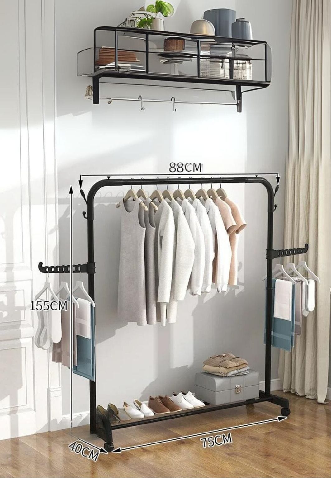 Meuble porte manteau chaussure simple tringle avec bras unique étagère sur roulette | Le Porte Manteau style9 with wheel