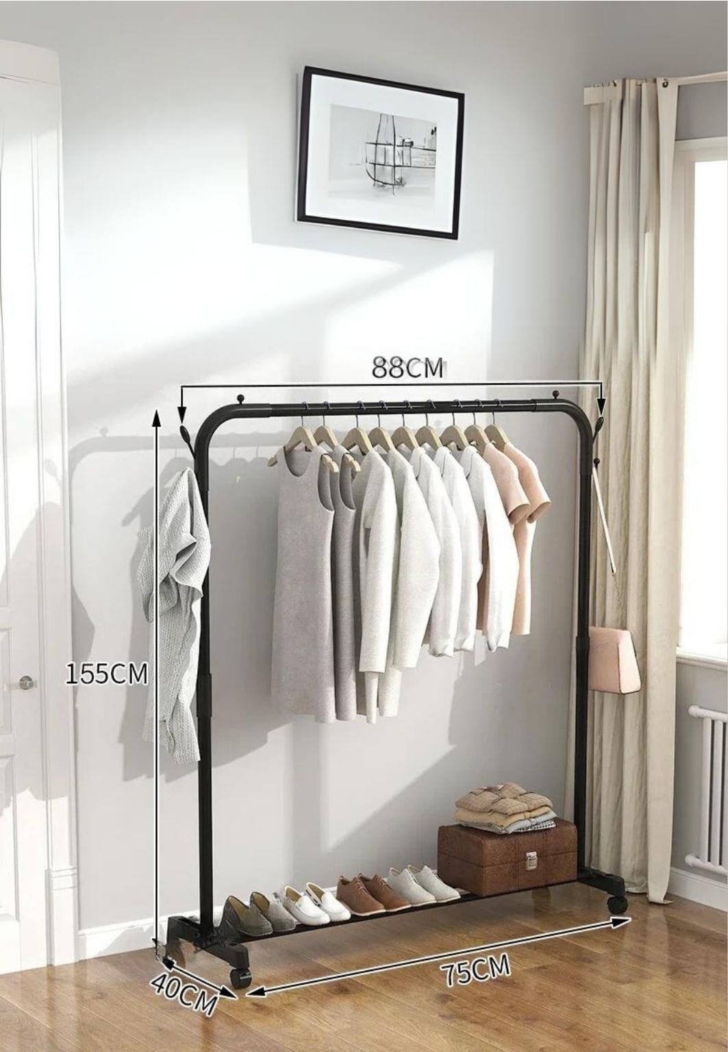 Meuble porte manteau chaussure simple tringle unique étagère sur roulette | Le Porte Manteau style7 with wheel