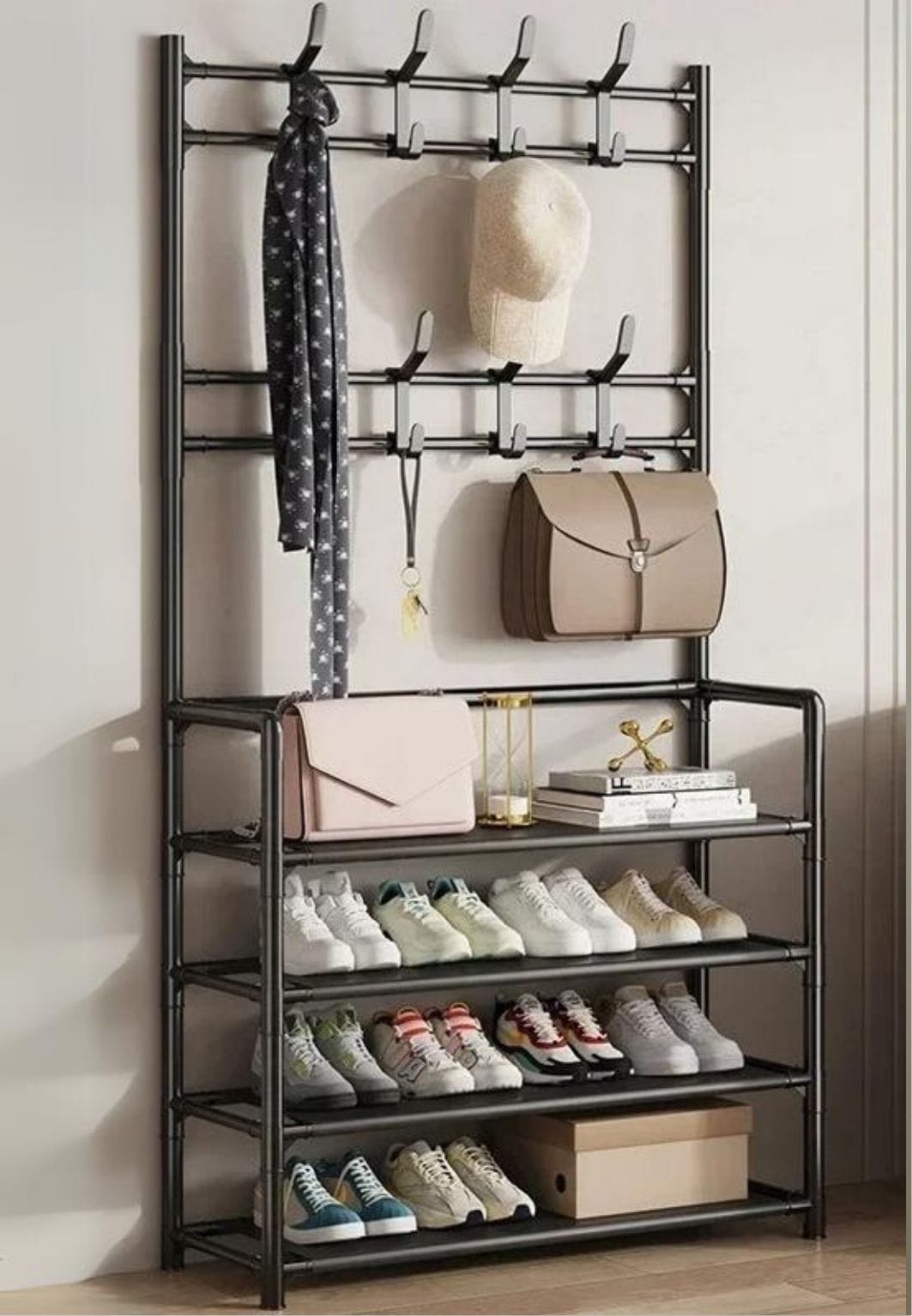 Meuble porte manteau chaussure 4 étagères pleines Noir| Le Porte Manteau 4 Layers-Black